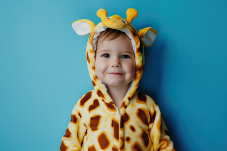 Cute boy in a giraffe costume on a blue background.の素材