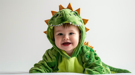 Cute little boy in dinosaur costume on white background.の素材