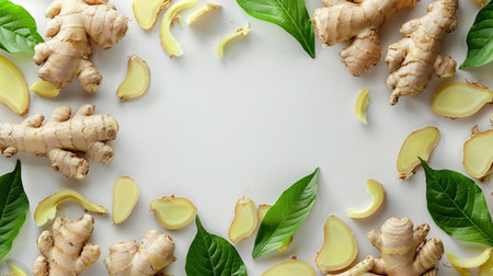 Fresh ginger with leaves on white background, top view. Space for text.の素材