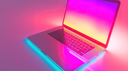 Laptop with black screen on purple and blue background with neon lights.の素材