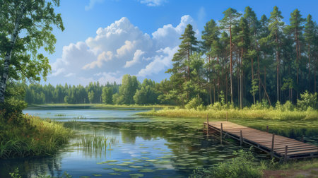 Wooden pier on the lake in the forest. Summer landscape.の素材