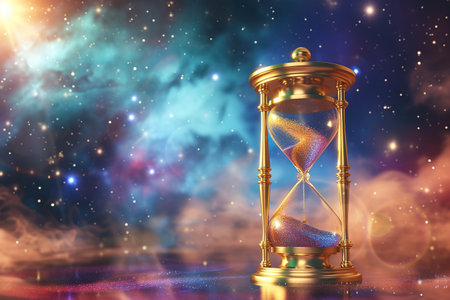 3d illustration of hourglass of space background with stars and nebula.の素材