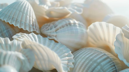 Seashells on white background. Close up of sea shells.の素材