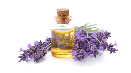 Bottle of lavender essential oil and fresh flowers on white background.の素材
