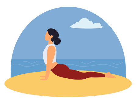 Woman practicing yoga on the beach. Vector illustration in a flat style.のイラスト素材