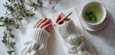 An overhead shot of a woman writing in a journal with a cup of mint tea.の素材