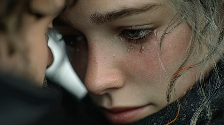 A close-up portrait of a distressed young woman with tears streaming down her face.の素材