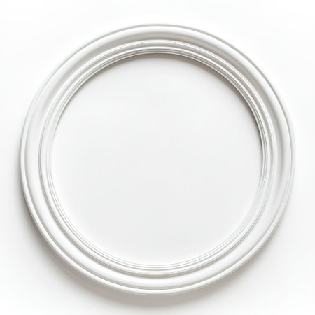 Empty white circular frame on a white background.の素材
