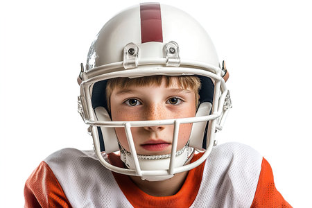 Young boy wearing american football helmet.の素材
