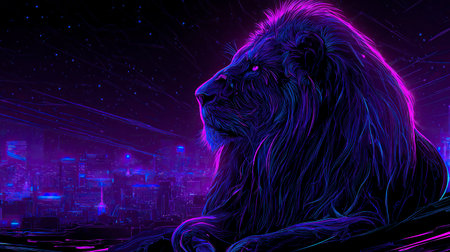 Neon glowing lion in profile over a cyberpunk cityscape.の素材