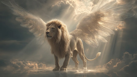 Majestic winged lion in the clouds.の素材