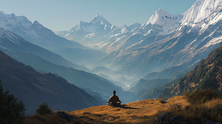 Man meditating in lotus position on a hilltop overlooking a mountains.の素材