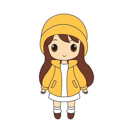 Cute cartoon girl in yellow autumn clothes.のイラスト素材