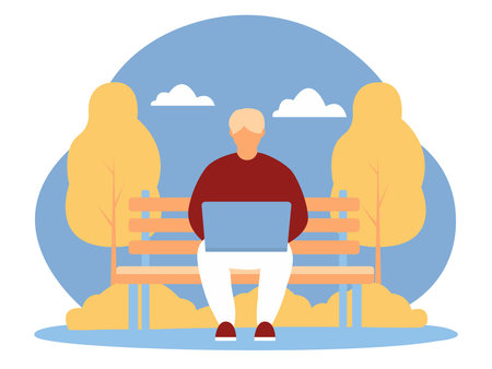 Man working on laptop sitting on park bench.のイラスト素材