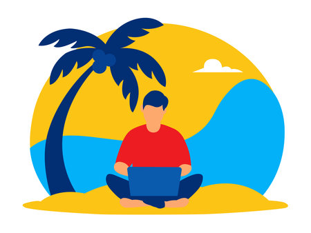 Man working on laptop on tropical beach.のイラスト素材