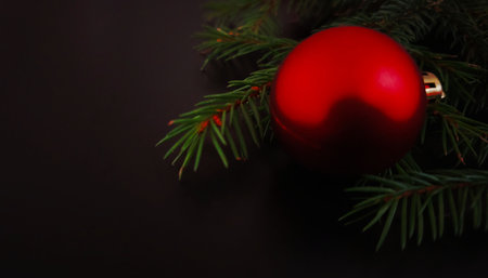 Christmas red ornament and spruce branch on a black background.の写真素材