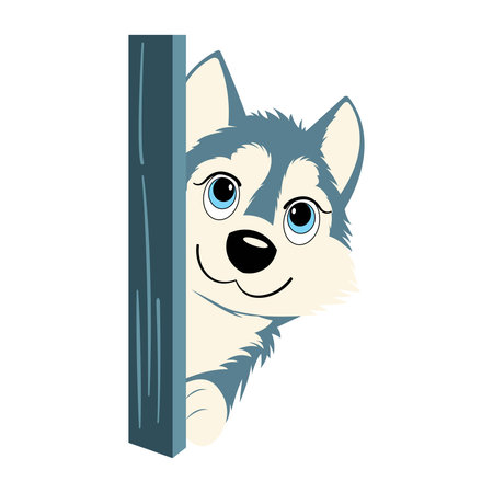 Cute husky dog looking out from behind a wooden sign.のイラスト素材