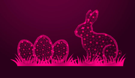 Low poly wireframe easter bunny with eggs on dark pink background.のイラスト素材