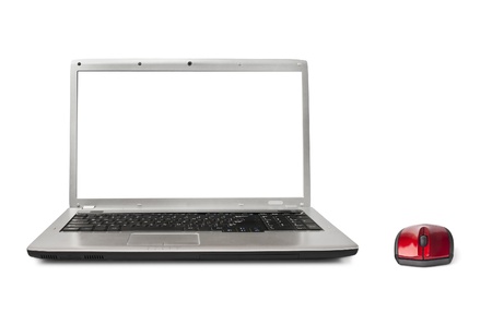 Computer mouse and notebook isolated on white backgroundの写真素材