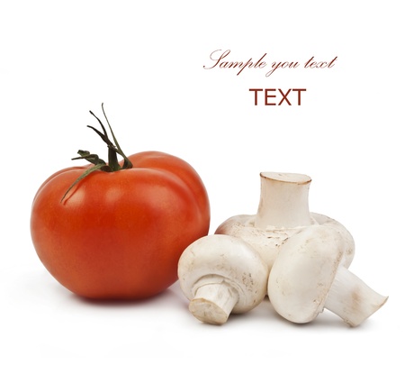 fresh mushrooms and tomatoes on a white background with space for textの写真素材