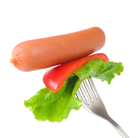 Close up of sausage and fork isolated on white backgroundの写真素材