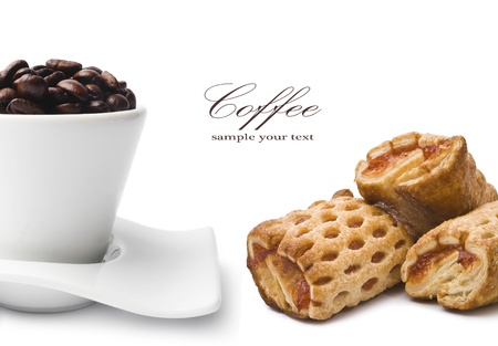 cup of coffee on saucer with biscuits isolated white backgroundの写真素材