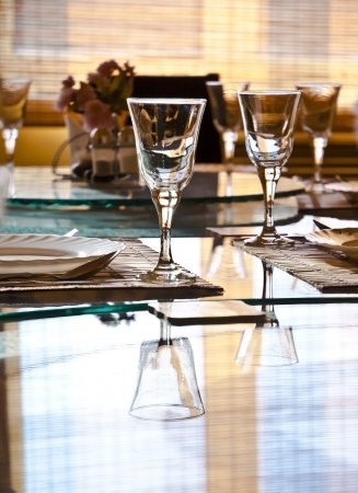 Empty glasses in restaurantの写真素材