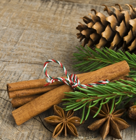 Christmas decoration over old wood backgroundの写真素材
