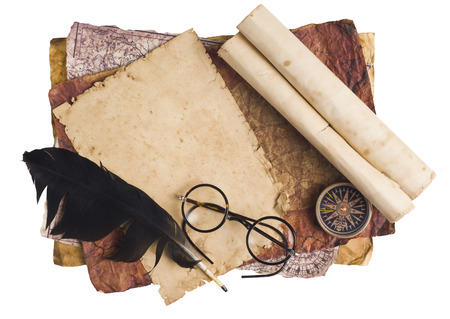 Old glasses on the vintage documentの写真素材