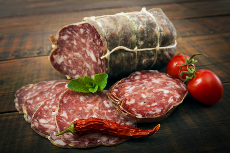 Smoked sausage with mint and peppercornsの写真素材