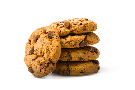 chocolate chip cookies on white background.