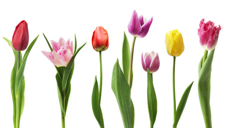 Set of seven different tulip flowers isolated on white backgroundの写真素材