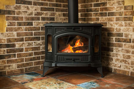 Wood burning fireplace with metal body and glass door in the houseの写真素材