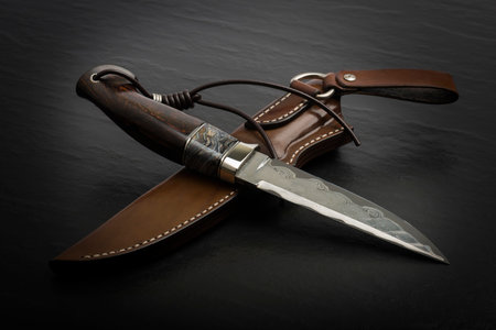 Hunting knife handmade on a black background.の写真素材