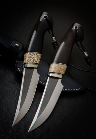 Hunting knife handmade on a black background.の写真素材