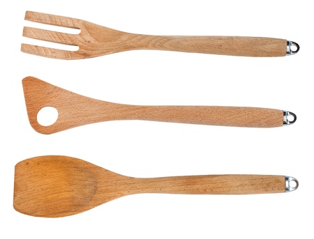 Wooden kitchen shovel on a white backgroundの写真素材