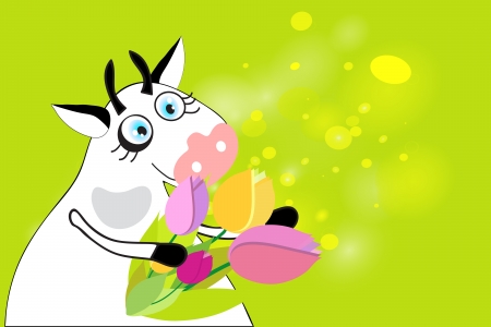 Cow and Tulips on green bokeh  Horizontal spring background  Vector EPS10 のイラスト素材