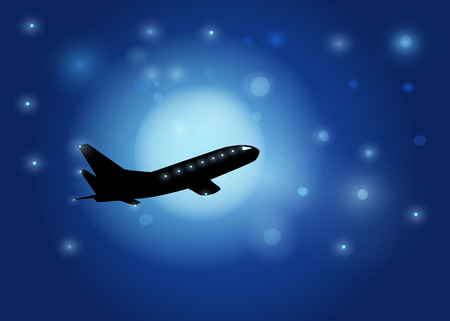The aircraft silhouette on in the night sky and the moon background  のイラスト素材
