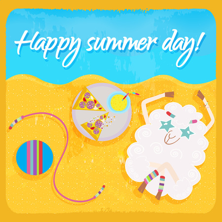 Hippie sheep resting on the beach  Happy summer day  のイラスト素材
