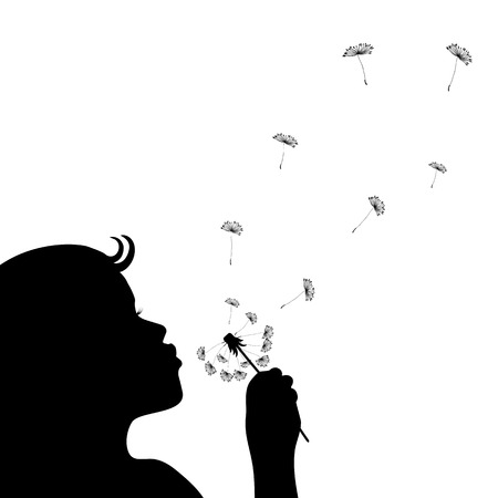 Silhouette of a little girl blowing dandelion isolated in white. Vector EPS8.のイラスト素材