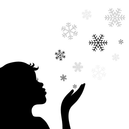 Silhouette of a little girl blowing snowflakes isolated on a white background. Vector EPS8.のイラスト素材