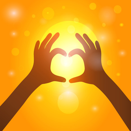 Silhouette hands  in heart shape on background of sunset. Vector EPS10.のイラスト素材