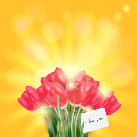 Spring vector, set of red tulip and green grass in sunny bokeh backgroundのイラスト素材