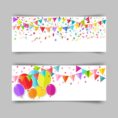 Vector set of colorful birthday banners for party 400x150 for your design.のイラスト素材