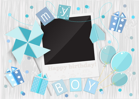 Greeting card for little boy. Pinwheel, car, gift box, photo frame, balloons on wooden background. Vector EPS10.のイラスト素材