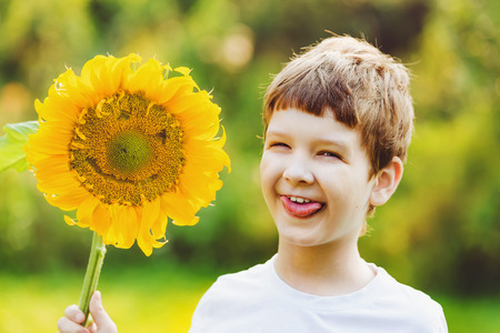 Laughing child on meadow. Little boy put out his tongue and holding sunflower. Healthcare, medical and happy childhood concept.の写真素材