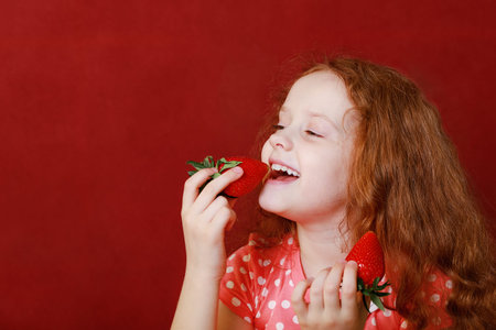 Funny little girl is eating tasty strawberry, on red background.の写真素材