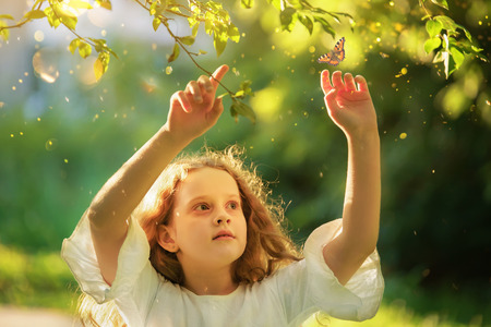 Beautiful little girl looking at a flying butterfly in summer sunset light. The child explores the nature.の写真素材
