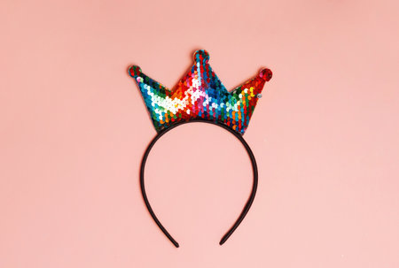 Crown headband lying pink background. Birthday  concept.の写真素材