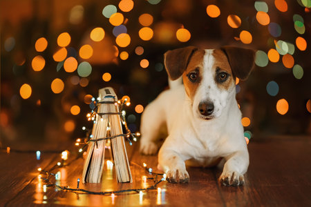 Christmas background with jack russell dog. New Year concept.の写真素材